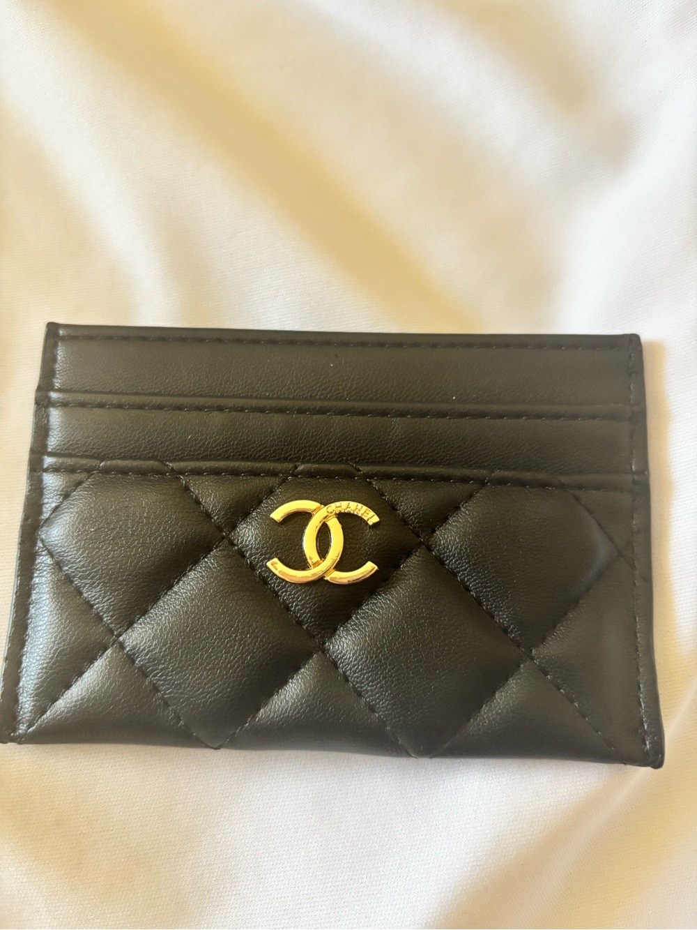Fashion, CHANEL Black Quilted Leather Card Case with Gold CC Emblem